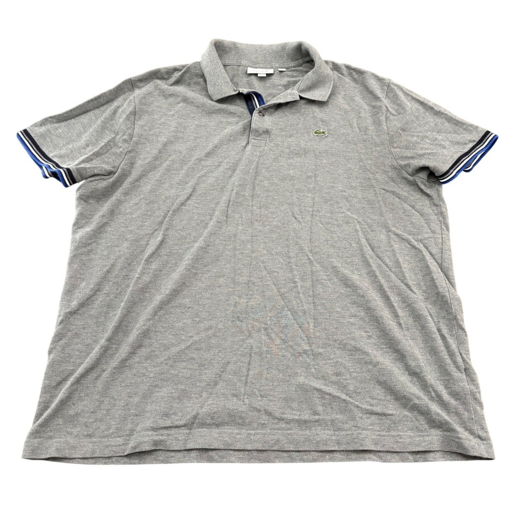 Lacoste Slim Fit Polo Shirt Mens 4XL Gray Pique Knit Blue Striped Trim Classic